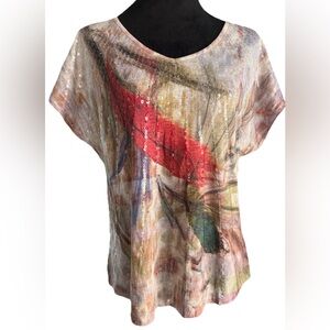Roz & Ali, Feather Print Sequin Short Sleeve Blouse Size Large